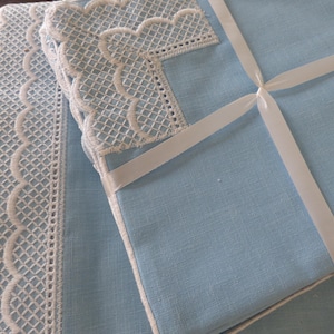 Vintage Banquet Size Tablecloth & 12 Napkins, 65" x 120", 1970s John Matouk for Neiman-Marcus, Blue Easy Care Dacron-Cotton, Unused NIP