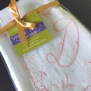 D Initial Vintage White Cotton Handkerchief, D Monogram, Pink Embroidery, Hand Embroidered in Madeira Portugal, Great Gift!