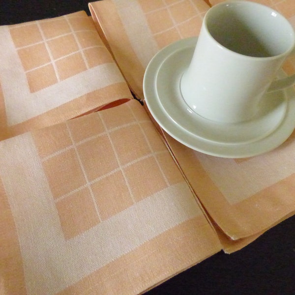 6 Cocktail Tea Napkins, Heavy Weight Silky Irish Linen, Peach Windowpane Design, 12 Inches, Laundered and Table Ready, Lovely!