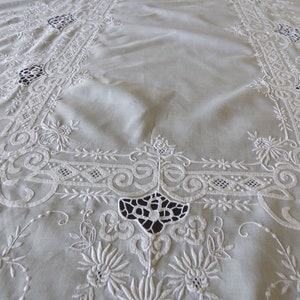 Large White Tablecloth, Rectangle 64" x 100", Elaborate Hand Embroidery, Appliques, Needle Lace,  Easy Care Cotton Blend, Table Ready!