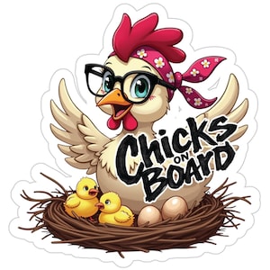 Urocza wycinana naklejka na zewnątrz z kurczakiem - „Chicks on Board” - zabawna dekoracja samochodu na wiosnę, baby shower, klimat wiejskiego domu, prezenty