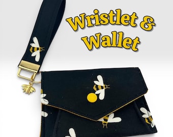 Wristlet & Wallet set with Bee charm Bee print fabric