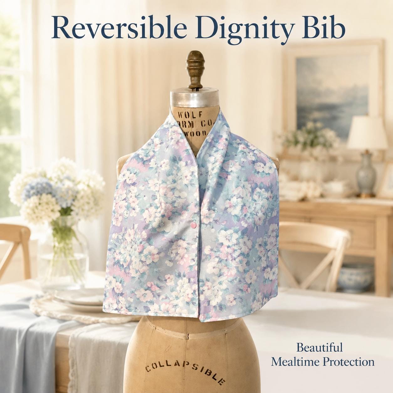 Reversible dignity apron bib for adults with eating problems
