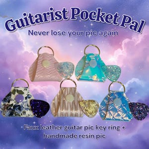 May include: An assortment of faux leather guitar pick key rings in various colors and patterns, each with a matching handmade resin guitar pick. The text "Guitarist Pocket Pal" and "Never lose your pic again" are displayed at the top. The bottom text reads "Faux leather guitar pic key ring + handmade resin pic".
