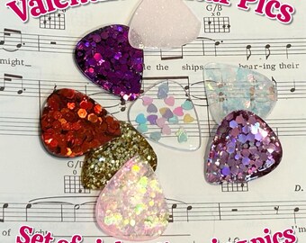 Guitar picks set of eight Valentine colored glittering picks