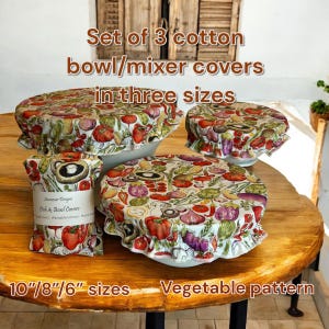 Reusable, eco friendly, cotton bowl covers in 10”,8”,6” sizes. Set of three.