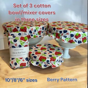 Reusable, eco friendly, cotton bowl covers in 10”,8”,6” sizes. Set of three. Berry pattern