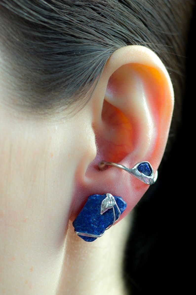 Earcuff with lapis lazuli, silver, handmade, 801S image 1