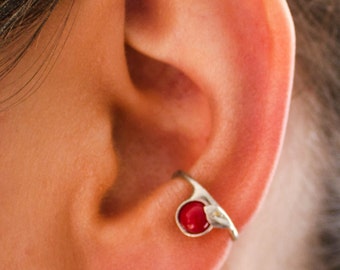 Earcuff, creole with red tree-coral, silver, handmade, 113S