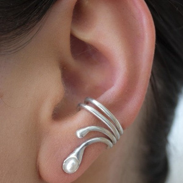 Manchette d'oreille modèle "quatre fils" avec perle d'eau douce, argent, boucle d'oreille portable sans trou d'oreille, fait main, 408S