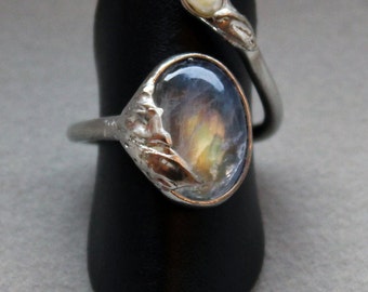 Finger Ring - moonstone and pearl, silver 925, handmade, 501S