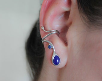 Earring with lapis lazuli cabochon, silver, wearable without ear hole, handmade 415S