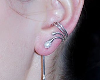 Boucle d'oreille modèle "quatre fils" avec pendentif amovible et labradorite & perle arc-en-ciel, argent, boucle d'oreille pouvant être portée sans trou d'oreille, 605S
