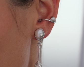 Manchette d'oreille avec perle baroque/Biwa et pendentif, argent, boucle d'oreille portable sans trou d'oreille, fait main, 901S