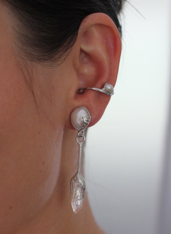 Earcuff With Pearls and With Pendant Silver Handmade 901S 