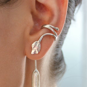 Earcuff with pendant and Baroque pearl, leaf motif, silver, handmade, 601S