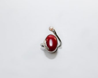 Finger Ring - coral and freshwaterpearl, silver, handmade, 508S