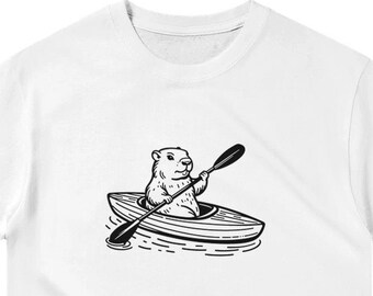 May include: A white t-shirt with a black and white illustration of a bear paddling a kayak.