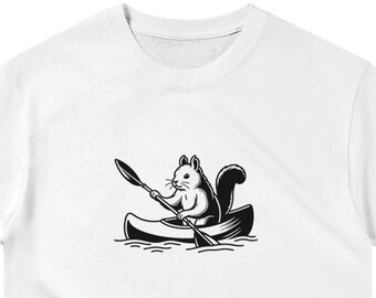 May include: White t-shirt with a black and white illustration of a squirrel paddling a canoe.