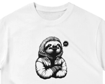 Könnte beinhalten: Weißes T-Shirt mit einer schwarz-weißen Illustration eines Faultiers, das eine Jacke trägt und "Bruh" denkt.