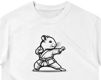 May include: White t-shirt with a black and white illustration of a hamster in a karate pose.