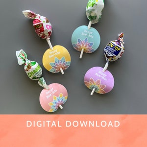 Op de afbeelding: Vier kleurrijke lolly's met ronde papieren etiketten waarop in een decoratief lettertype "Happy Naw-Rúz" staat. De lolly's zijn verpakt in rood, groen en wit papier met het woord "Pop" erop gedrukt.