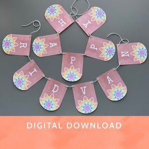 Op de afbeelding: Roze en witte printbare banner met de woorden "Happy Birthday" in witte letters. De banner heeft een mandala-ontwerp op elke vlag.