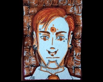 Alternative pierced male hand drawn with markers portrait mini art - ACEO artist trading card 2.5x3.5 original art - OOAK