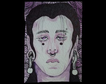 Androgynous handpainted watercolor portrait mini art - ACEO artist trading card 2.5x3.5 original art - OOAK tiny painting