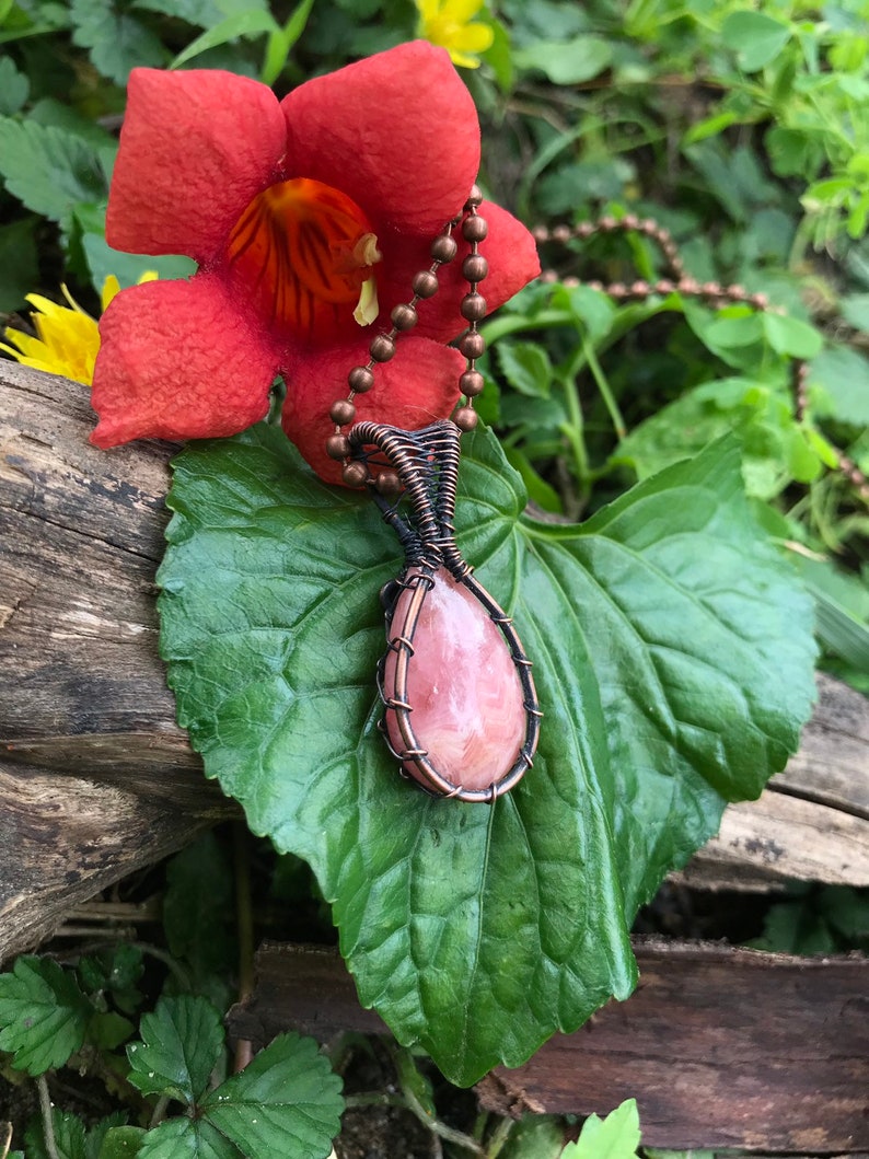Rhodochrosite Pendant Wirewrapped Rhodochrosite Rhodochrosite Antiqued Copper Necklace