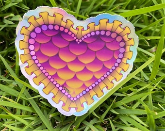 Mermaid Heart Sticker, Fuschia and Yellow MerFolk Heart Sticker, Mer Scales Heart Sticker