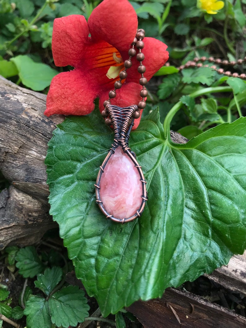 Rhodochrosite Pendant Wirewrapped Rhodochrosite Rhodochrosite Antiqued Copper Necklace