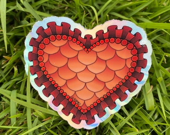 Mermaid Heart Sticker, Red and Orange MerFolk Heart Sticker, Mer Scales Heart Sticker