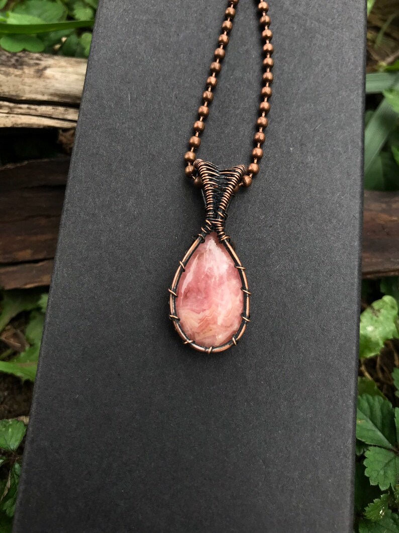 Rhodochrosite Pendant Wirewrapped Rhodochrosite Rhodochrosite Antiqued Copper Necklace