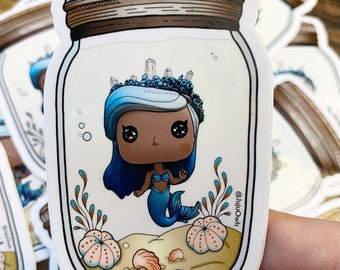 Mermaid Sticker, Clear Crystal Crown Mermaid in a Jar sticker, Melanin Mermaid, Mermaid of Color Sticker, Little Mermaid sticker