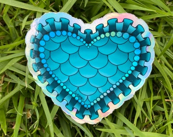 Mermaid Heart Sticker, Teal Blue MerFolk Heart Sticker, Mer Scales Heart Sticker