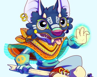 Flying Sorcerer Wizard Animal Art Print: Kawaii Home Decor