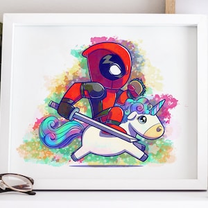 かわいいデッドプール ユニコーン タコス アートプリント、ホームルーム装飾壁ポスター、紙アートプリント、面白い漫画本 ちび馬、かわいい虹の雲