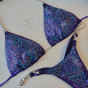 purple scatter competition suit, npc bikini, Natural Bodybuilding, competition bikini, posing suit, gbo, inba, npc
