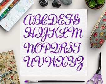 BUY5FOR8, Watercolor Alphabet, Painted Letter Clipart, Watercolor Scrapbooking Clip Art, Painted Font, PNG Alphabet, Purple Letters