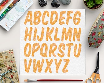 Watercolor PNG Letters, Watercolor Font Clipart, Orange Alphabet, Digital Letters, Brush Digital Alphabet Clip Art, Download, BUY5FOR8