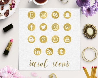 BE SOCIAL, Gold Social Media Icons, Gold Social Icons, Social Media Buttons, Round Gold Foil Icons, Coupon Code: BUY5FOR8