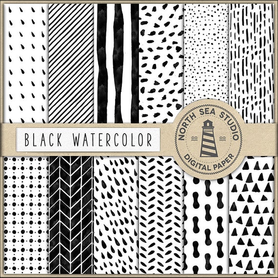 BLACK ART, Watercolor Digital Paper, Hand Painted Watercolor Patterns, Triangles, Stripes, Rain Drops, Spots Il_570xn