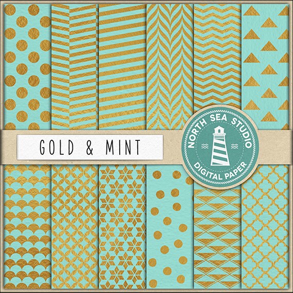 Gold And Mint Digital Paper Gold Foil Patterns Mint Backgrounds Digital Scrapbooking 12 JPG 300 DPI Files Download Il_570xn