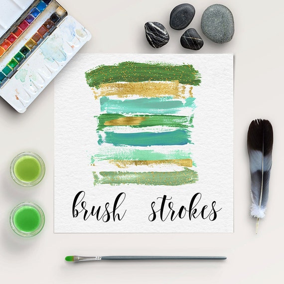 GREENERY, Brush Strokes Clipart, Make-up Logo, Green And Gold Brush Strokes Collection, Hand Painted Brush Lines, Isolated Objects Il_570xn