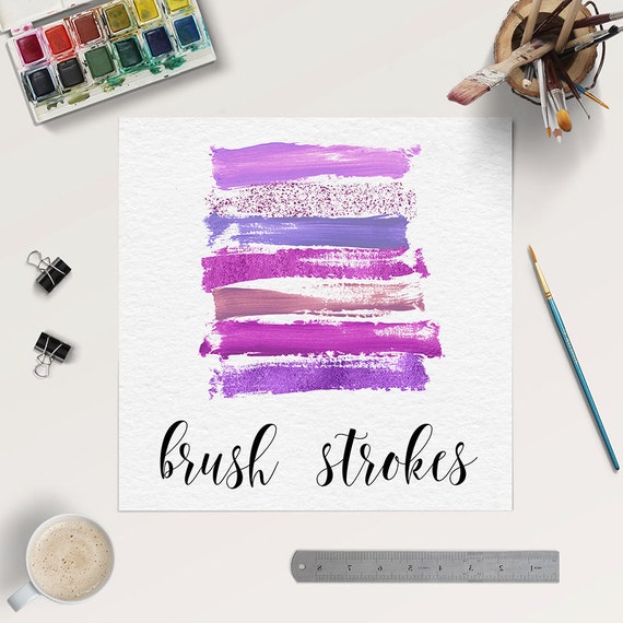 BRUSH ART, Purple Brush Strokes On Transparent Background, Violet Paint Brush Stains And Strokes, Digital Design Resources Il_570xn