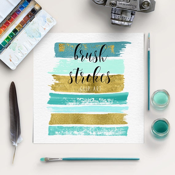 SHINE BRIGHT | Brush Stroke Clip Art | Mint, Gold Graphic Elements | Hand Painted Clip Art | Acrylic Brush Strokes Il_570xn