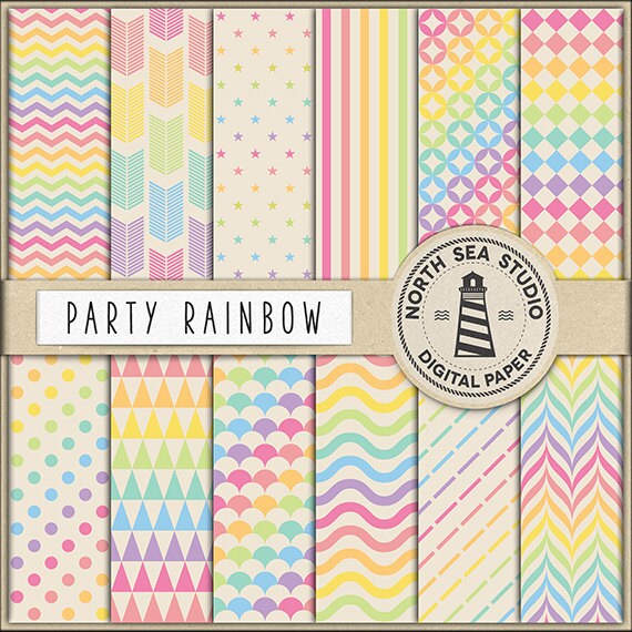 PARTY RAINBOW Digital Paper Scrapbook Paper Pack Rainbow Background Chevron Polkadots Stripes Arrows Triangles Rainbow Patterns Il_570xn