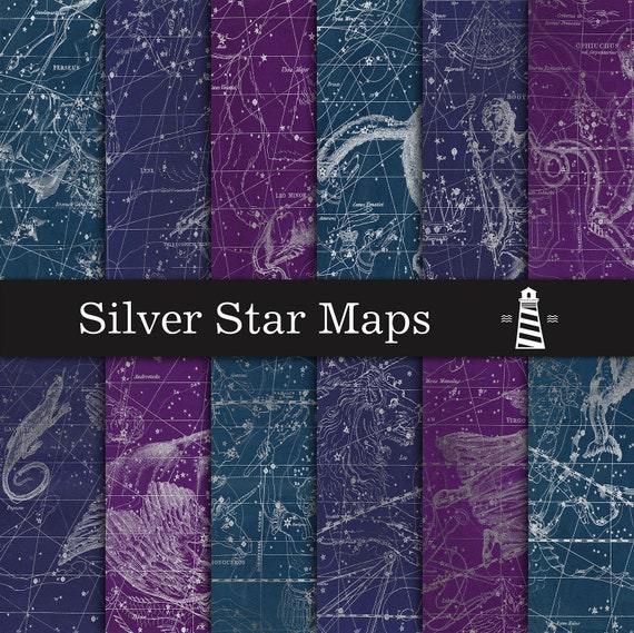 Silver Star Map Backgrounds, Silver Maps Digital Paper, Astronomy Papers, Star Map Patterns, Silver Antique Star Map Papers Il_570xn
