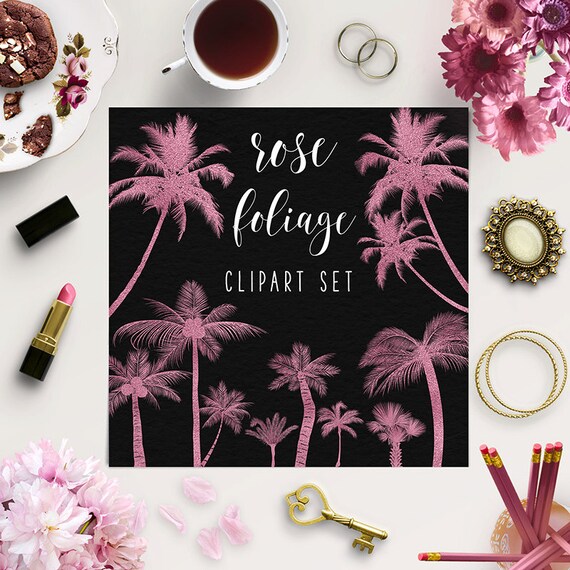PINK PALM TREES, Tropical Foliage Clipart, Rose Gold Tree Clip Art, Pink Design Elements, Palm Clipart, Instant Download Il_570xn